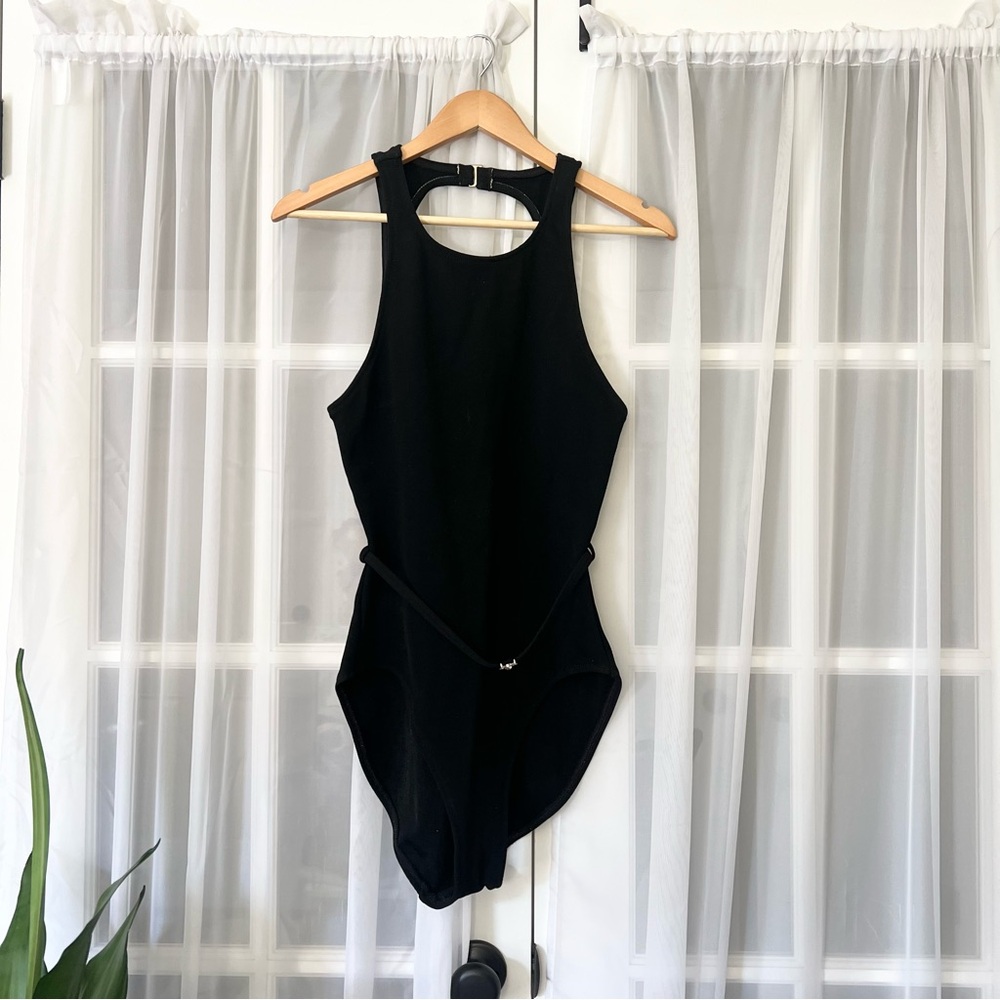 Vintage Anne Klein Classic Swim One Piece Belted Bathing Suit Black Size 12